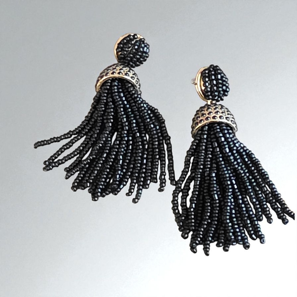Black Beaded Tassel Earrings